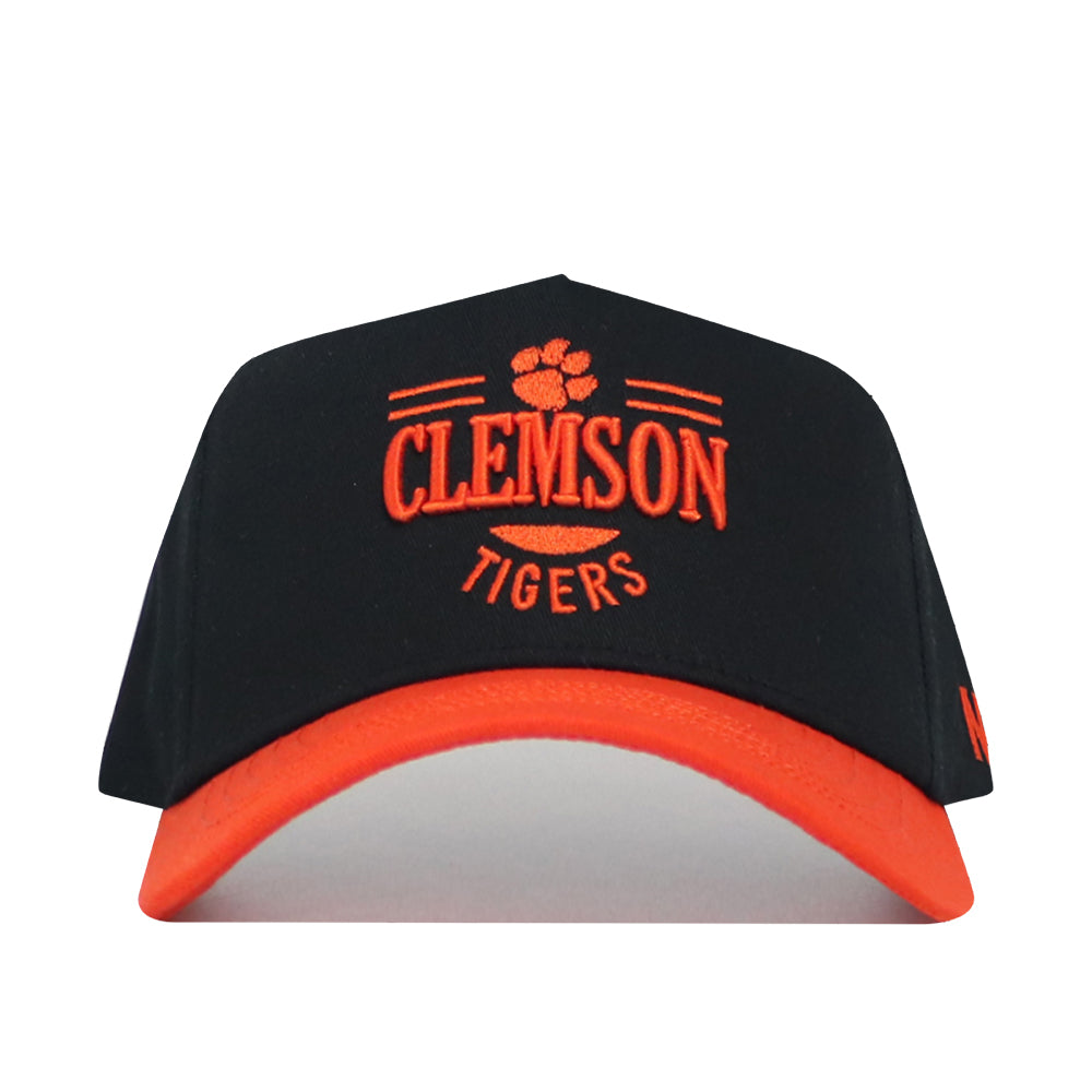 The No Rivals Clemson Tailgate Hat is a black snapback cap with an orange brim, featuring "Clemson Tigers" and a tiger paw logo embroidered in orange on the front for stylish, lasting comfort.