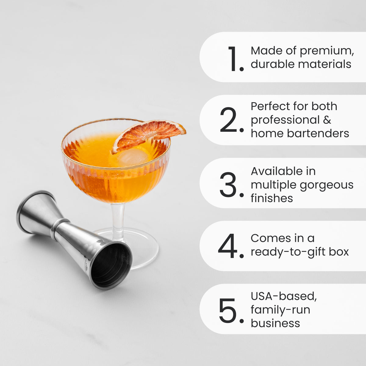 Labeled feature graphic for a silver Japanese jigger and cocktail, highlighting product benefits (details in description).