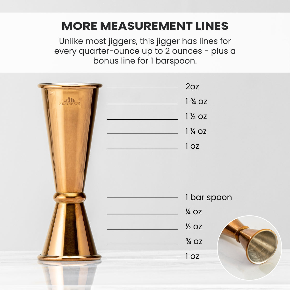 Labeled feature graphic of an antique copper Japanese jigger highlighting its precise internal measurement lines (details in description).