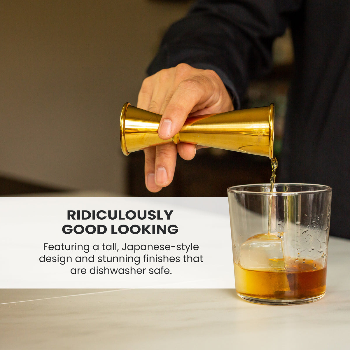Labeled feature graphic showcasing the Japanese Jigger's design, with a hand pouring liquid into a glass. (details in description)
