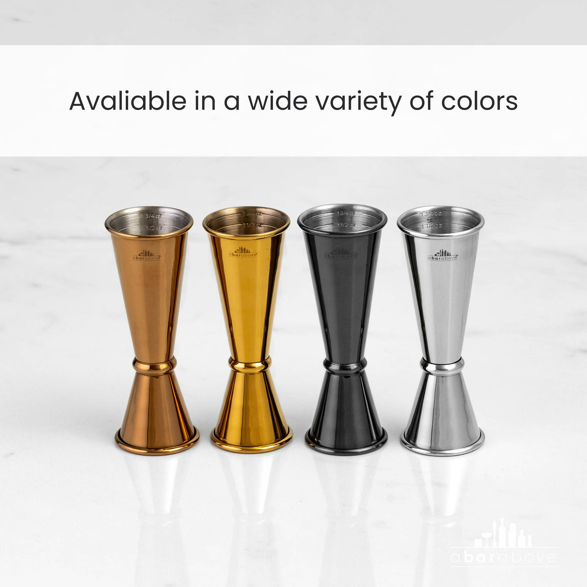 Infographic displaying Japanese jiggers in multiple finishes, showcasing available color options (details in description).