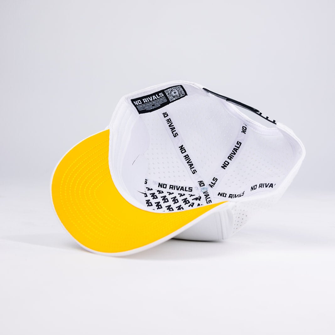 The Appalachian State Gameday Hat by No Rivals is a white snapback baseball cap with a bright yellow brim and “NO RIVALS” branding in black on the inner seams. Shown upside down on a plain white background, it’s perfect for your gameday fit.