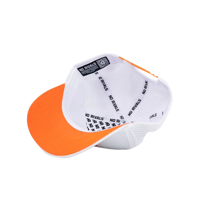 The Clemson Gameday Hat by No Rivals is a white and orange snapback with vented mesh sides, a wide flat brim, and an interior NO RIVALS label—crafted from a polyester-cotton blend for the perfect gameday fit.