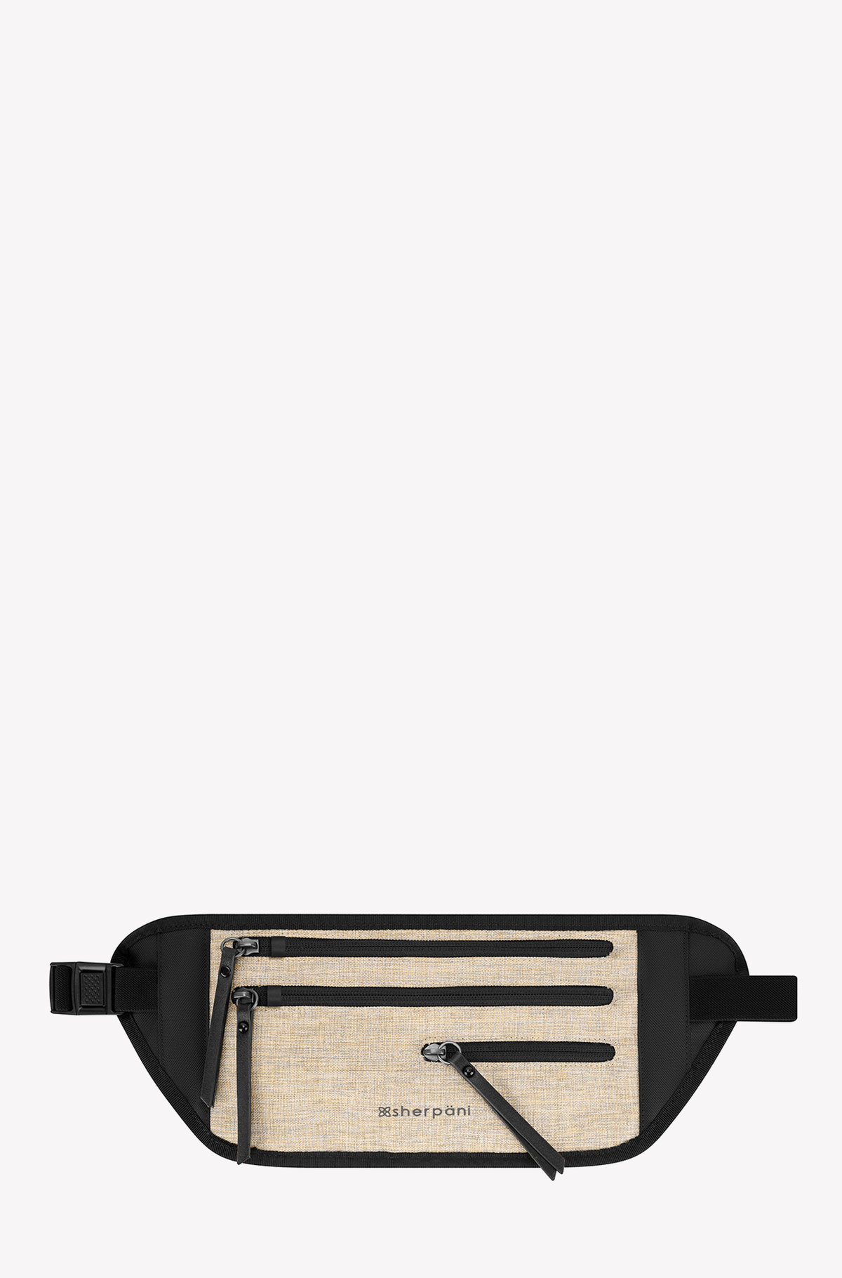 Flat front view of the Jett in Straw. The minimalist waist pack has a slim design, adjustable elastic waist band, and breathable mesh back. #color_straw