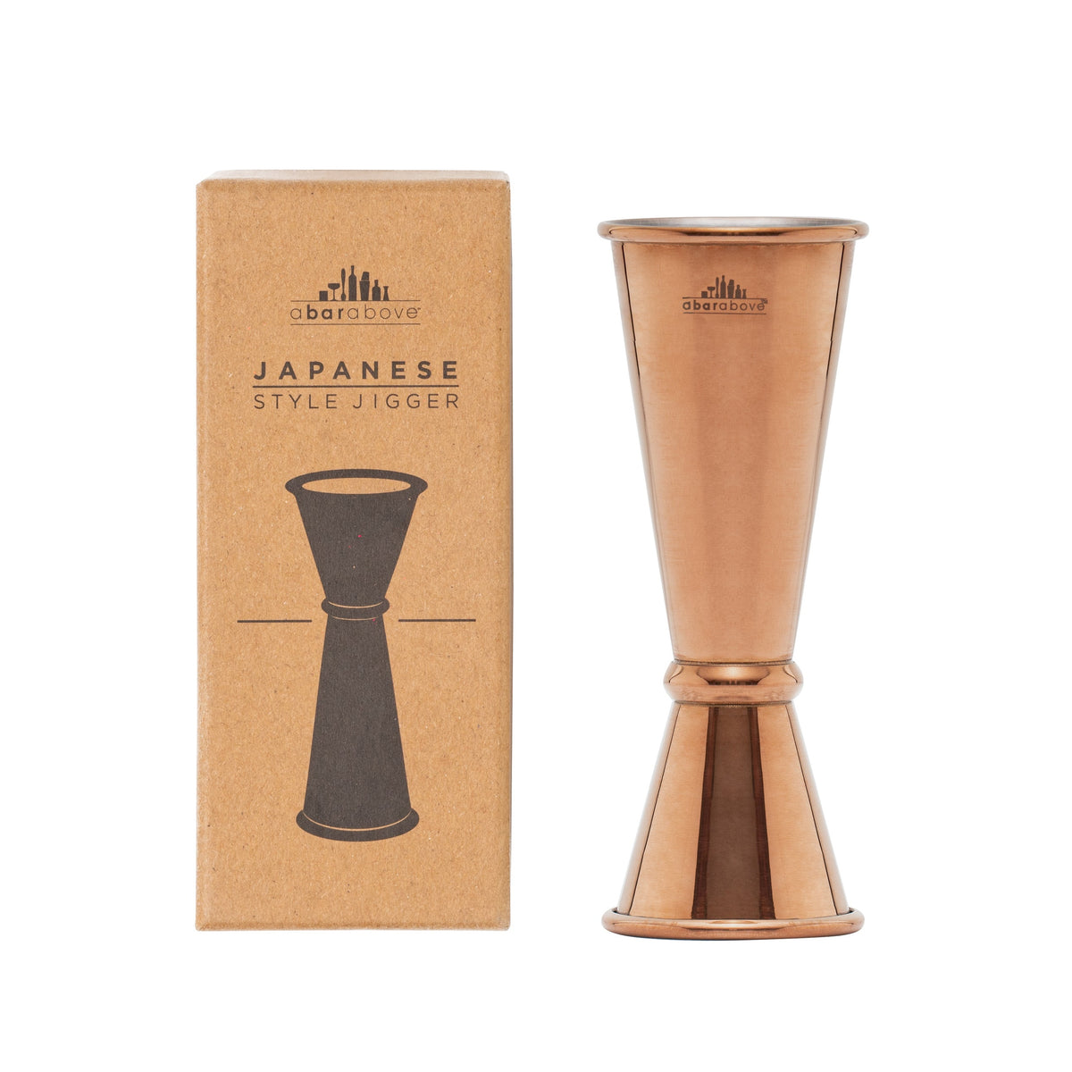 Antique copper Japanese style jigger showcased beside its brown cardboard packaging box.