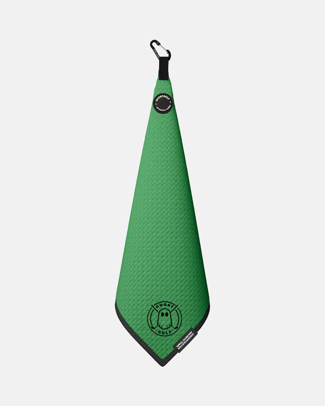 Product shot of Kelly Green Ghost Golf Magnetic Greenside Towel with emblem logo near the bottom and carabiner clip at the top #color_kelly-green