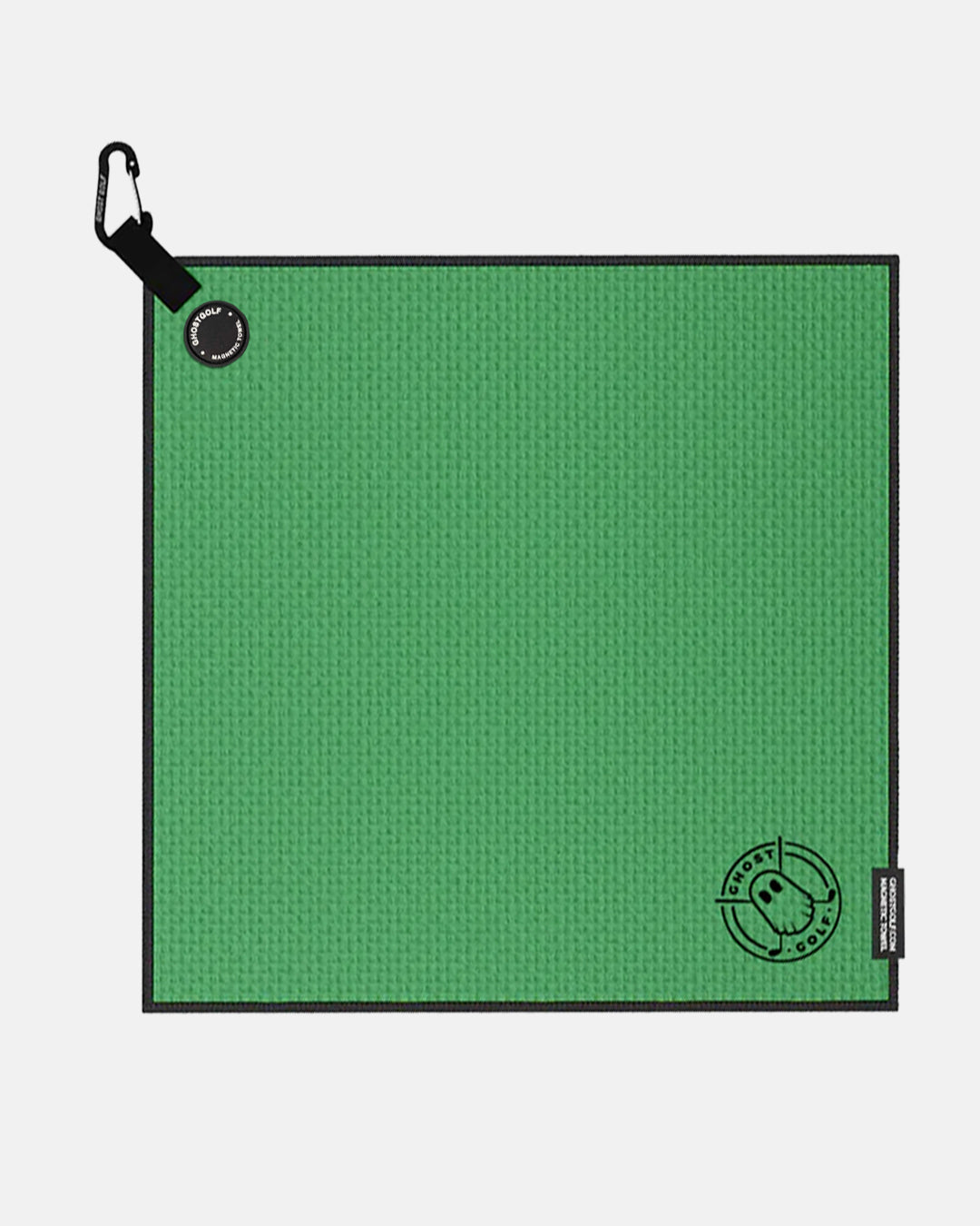 Product shot of Kelly Green Ghost Golf Magnetic Greenside Towel with emblem logo near the bottom and carabiner clip at the top #color_kelly-green