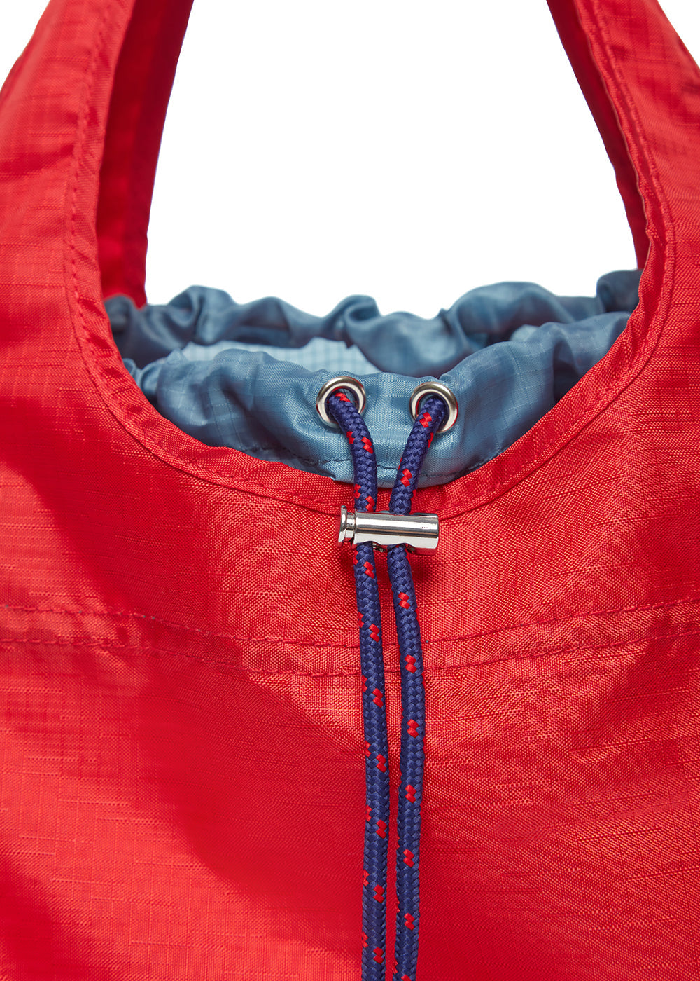 navy drawstring of red bag