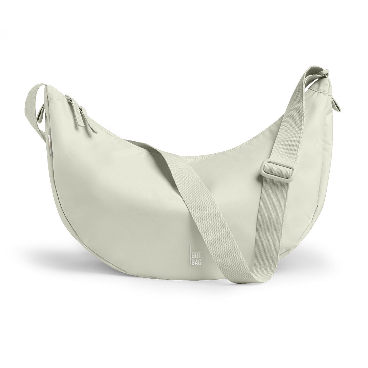 MOON BAG LARGE bag in beach foam (Light Gray), studio shot, front view.