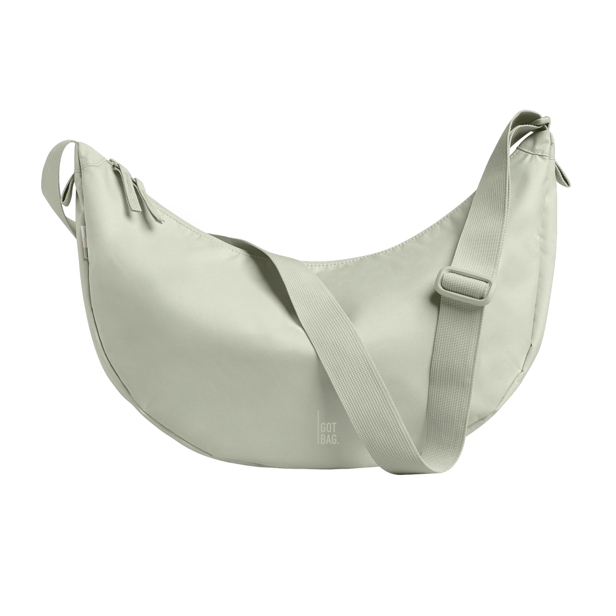MOON BAG LARGE bag in porpoise (Light Gray with a Fresh Green Undertone), studio shot, front view.