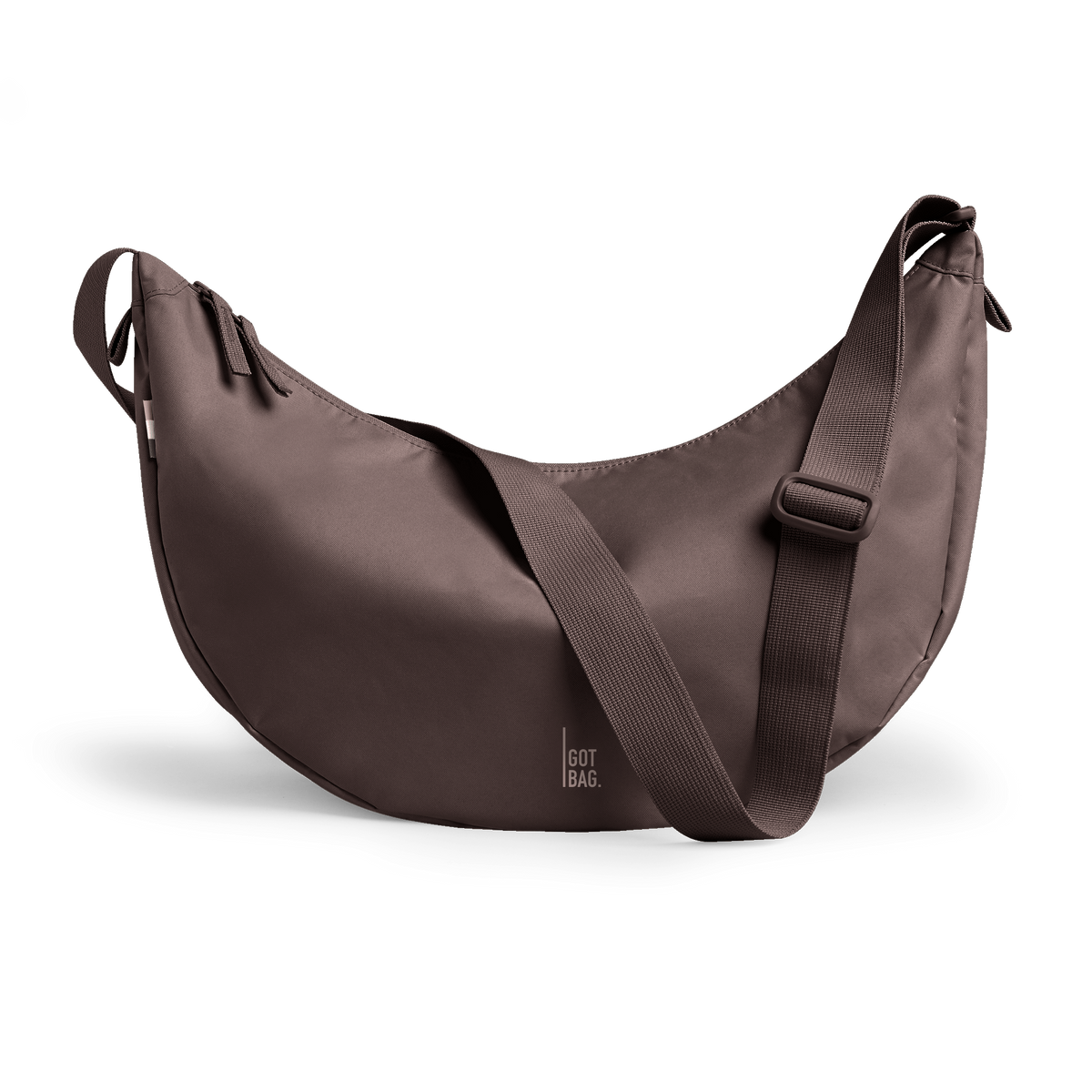 MOON BAG LARGE bag in tadpole (Chocolate Brown), studio shot, front view.