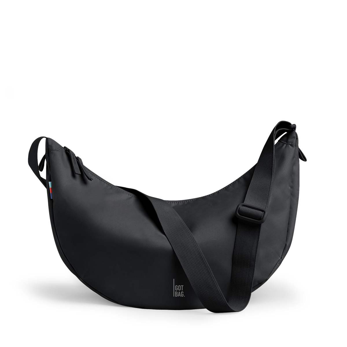 MOON BAG LARGE bag in black (Black), studio shot, front view.