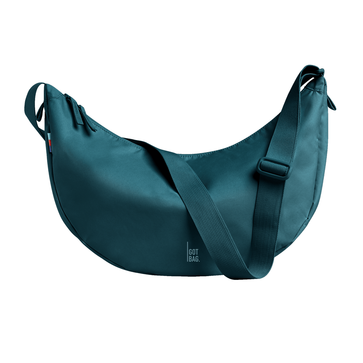 MOON BAG LARGE bag in cliff (Dark Teal), studio shot, front view.