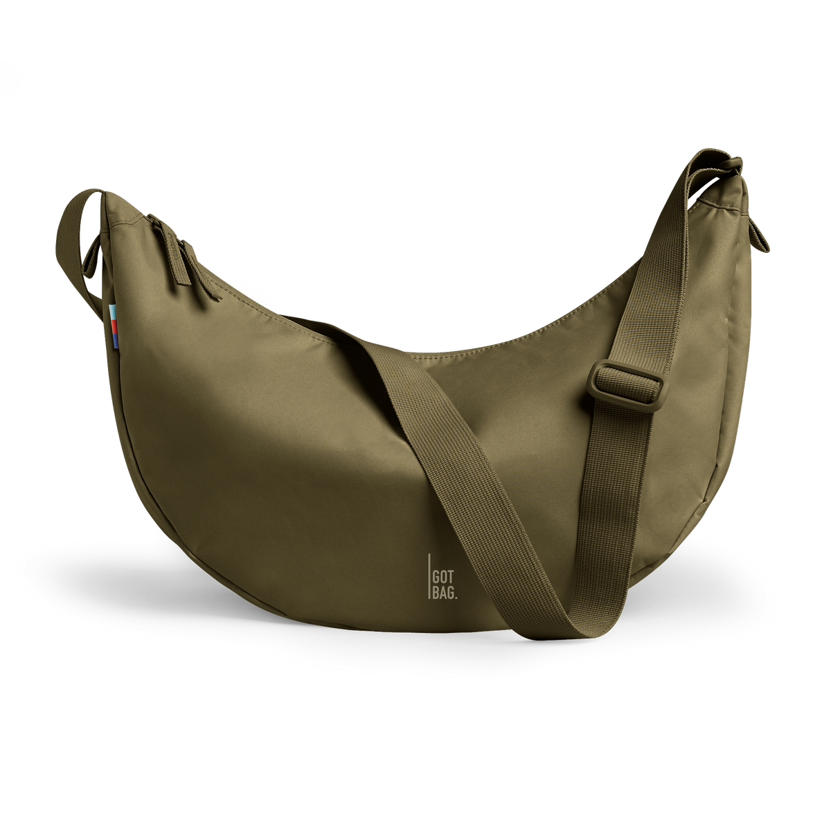 MOON BAG LARGE bag in crocodile (Bold Olive Green), studio shot, front view.