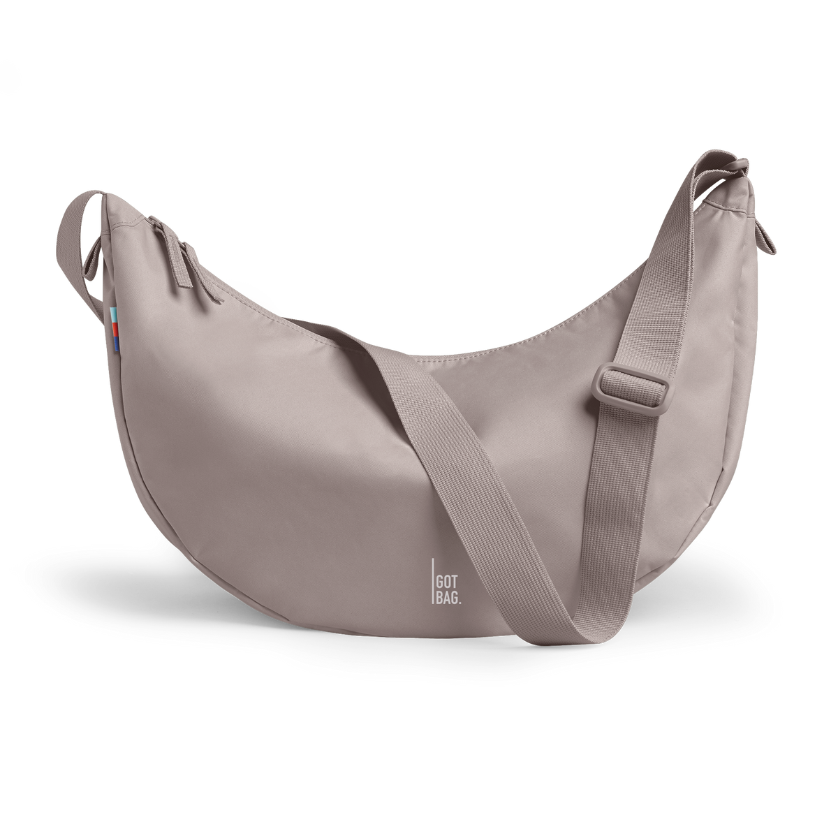 MOON BAG LARGE bag in seahorse (Gray Pastel Pink), studio shot, front view.