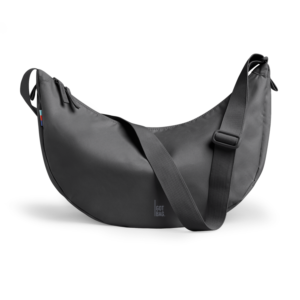 MOON BAG LARGE bag in shark (Dark Gray), studio shot, front view.