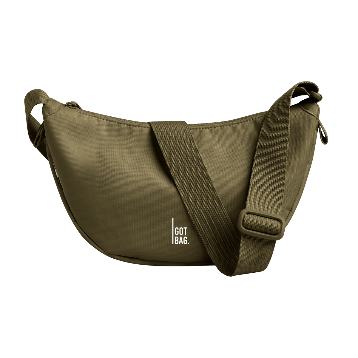 MOON BAG SMALL bag in crocodile (Bold Olive Green), studio shot, front view.