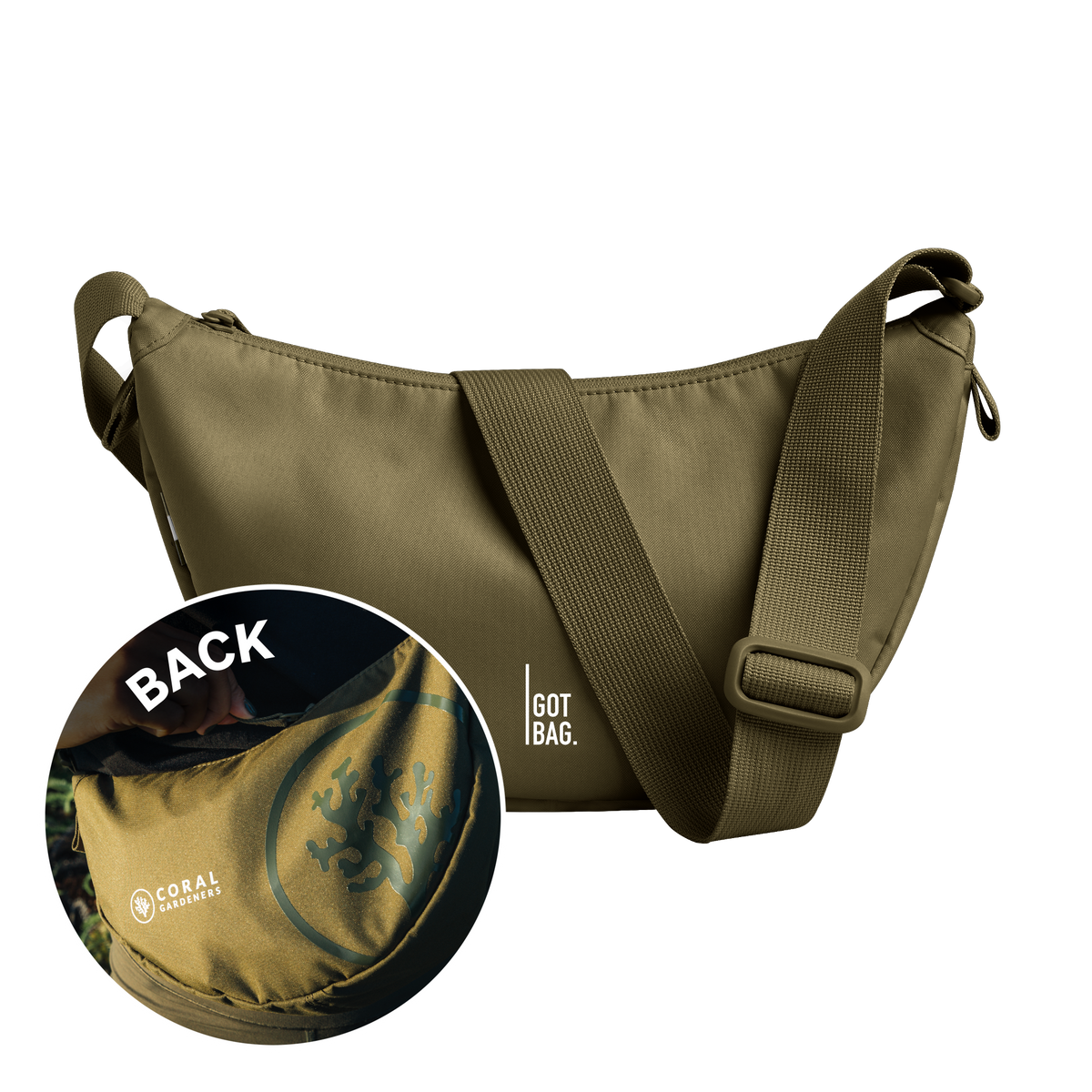MOON BAG SMALL bag in crocodile (Bold Olive Green), front view, detail of the back worn by a woman.