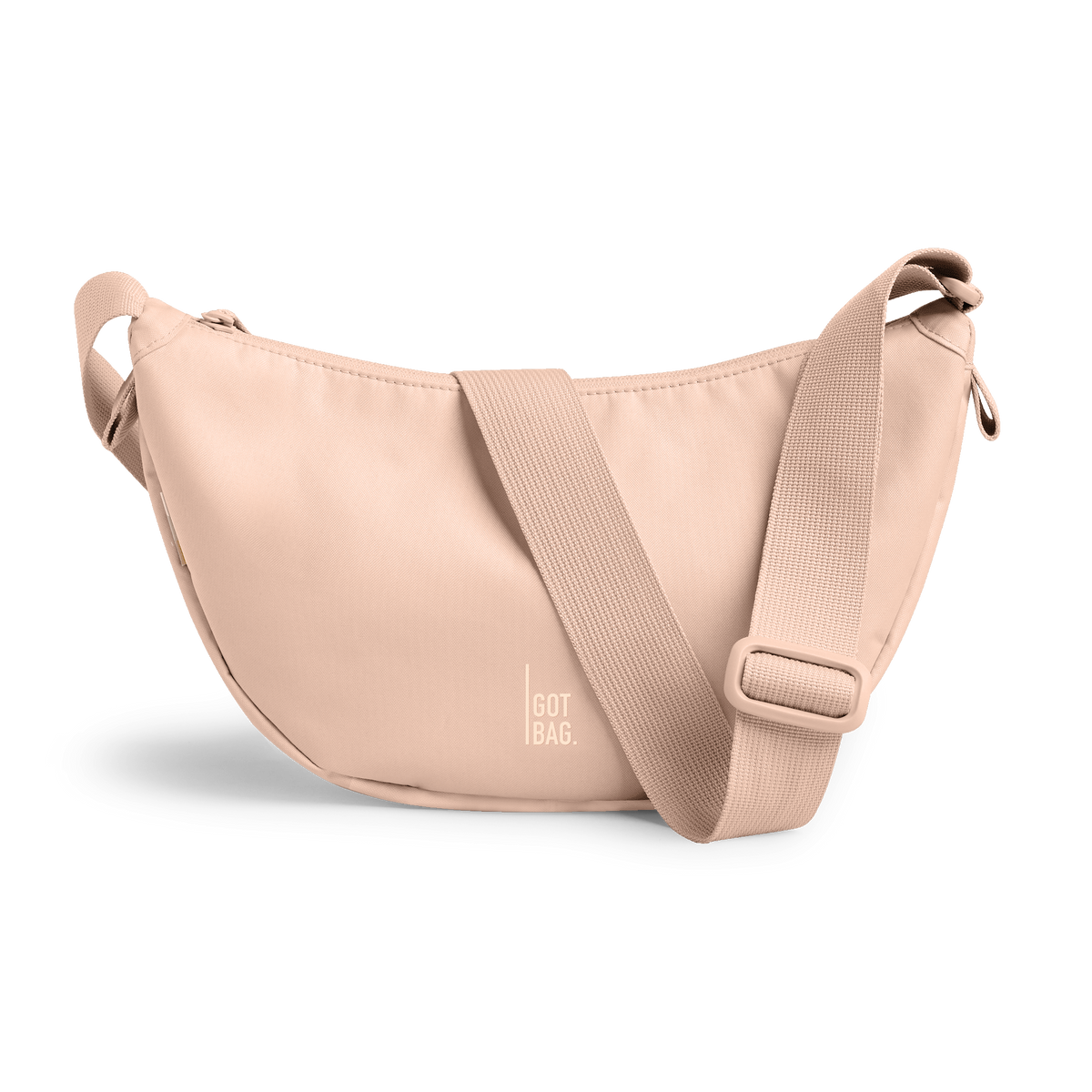 MOON BAG SMALL bag in pearl (Light Powder Pink), studio shot, front view.