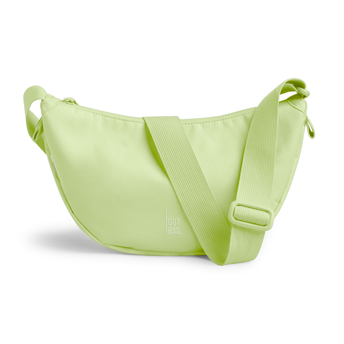 MOON BAG SMALL Monochrome Edition bag in wrasse (Neon Light Green), studio shot, front view.