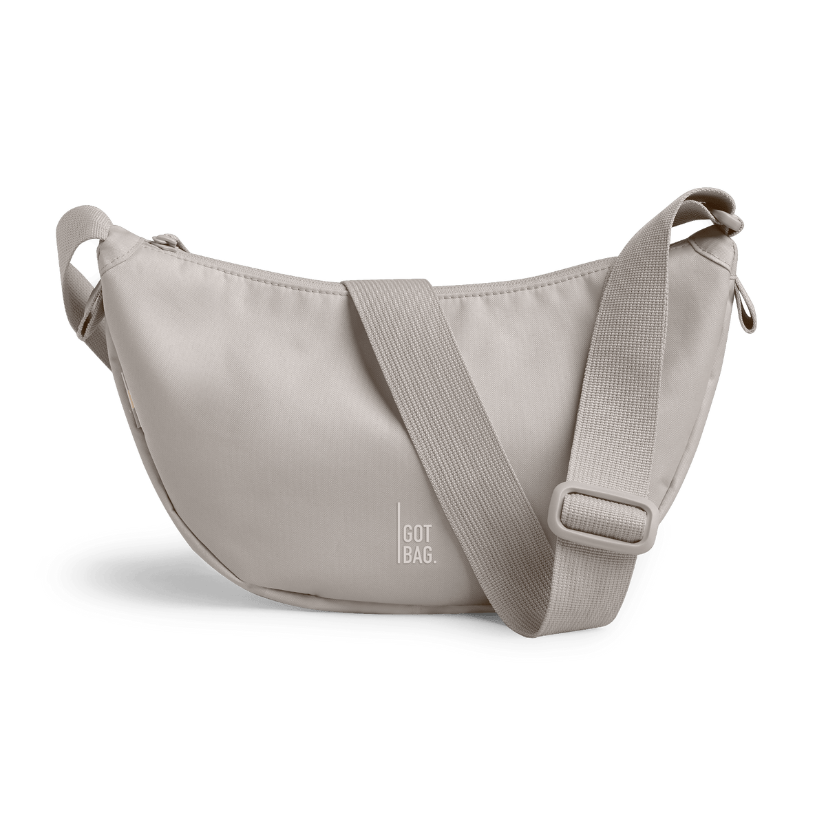 MOON BAG SMALL bag in clam (Light, Warm Gray), studio shot, front view.