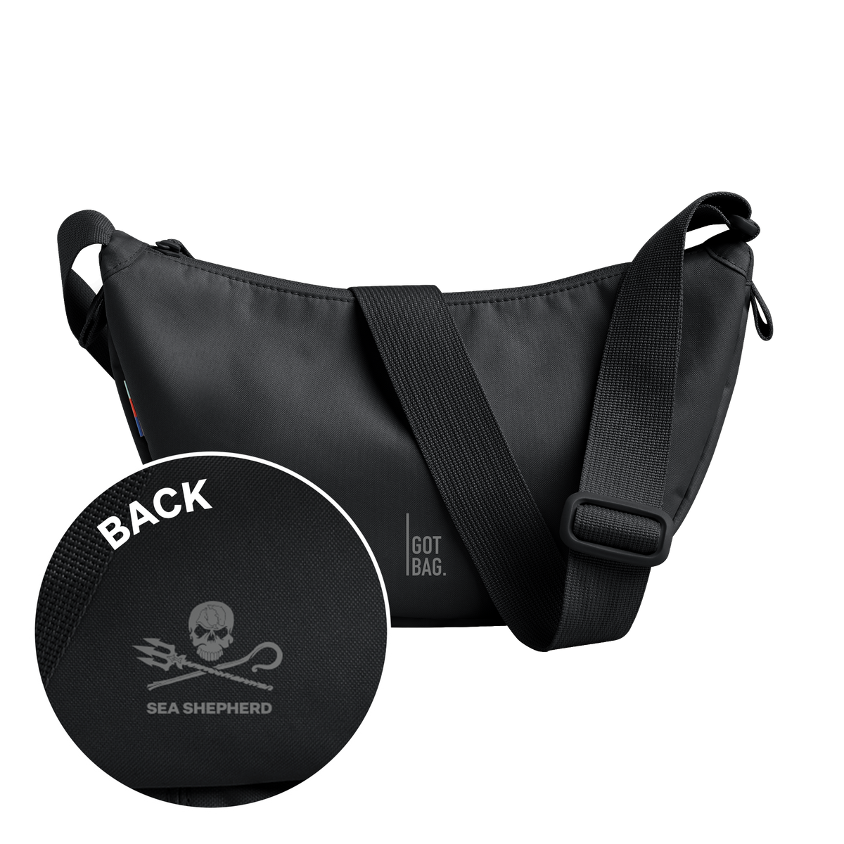 MOON BAG SMALL Sea Shepherd bag in black (Black), studio shot, front view.