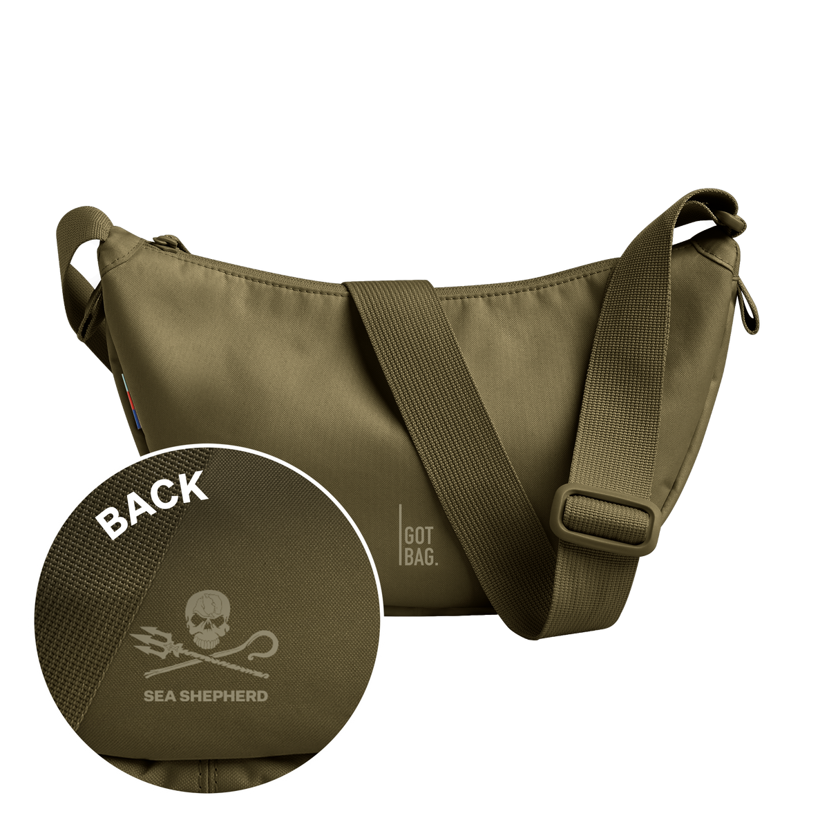 MOON BAG SMALL bag in crocodile (Bold Olive Green), front view, with Sea Shepherd logo detail.