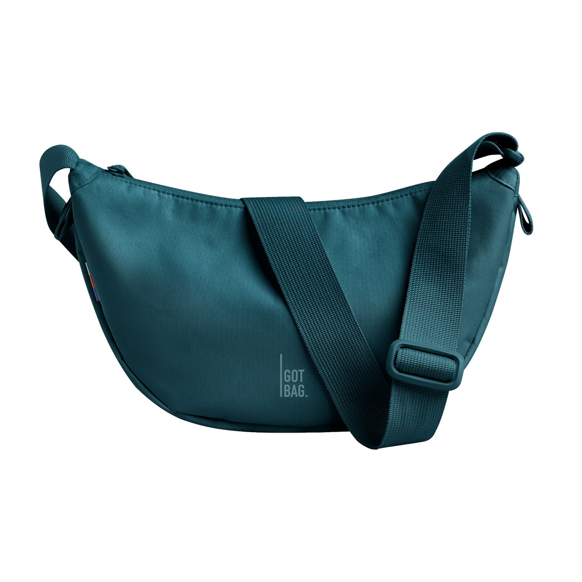 MOON BAG SMALL bag in cliff (Dark Teal), studio shot, front view.