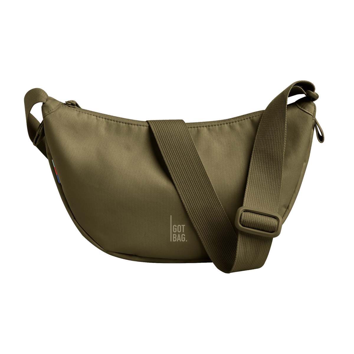 MOON BAG SMALL bag in crocodile (Bold Olive Green), studio shot, front view.