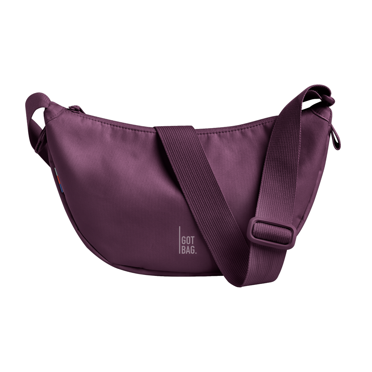 MOON BAG SMALL bag in favia (Warm Dark Purple / Plum), studio shot, front view.