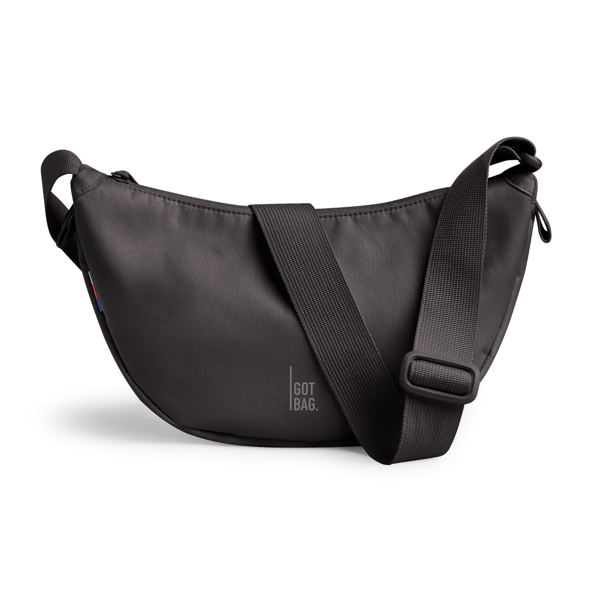 MOON BAG SMALL bag in mussel (Dark Brown-Gray), studio shot, front view.
