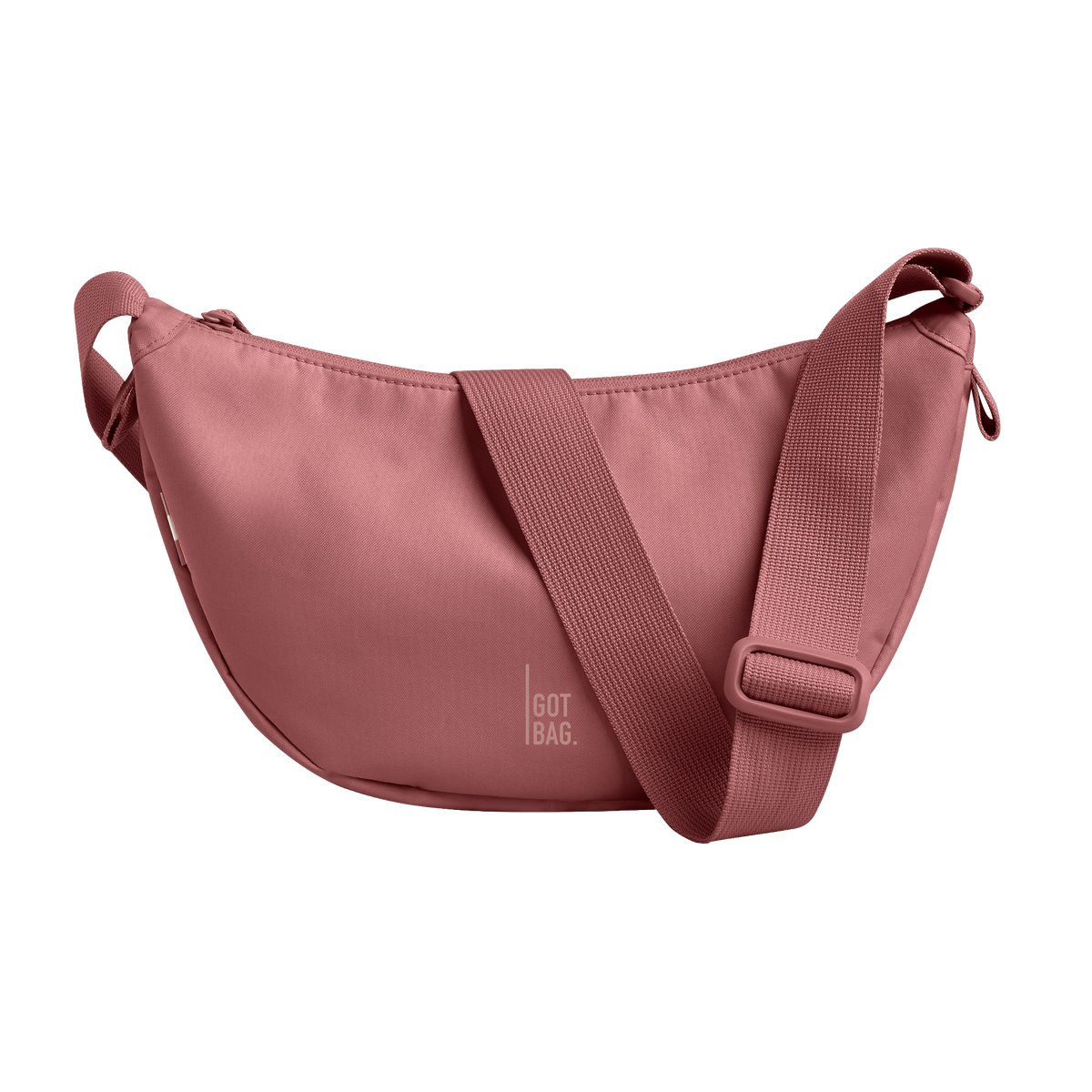 MOON BAG bag in lionfish (Dark Pink with a Red Undertone), studio shot, front view.