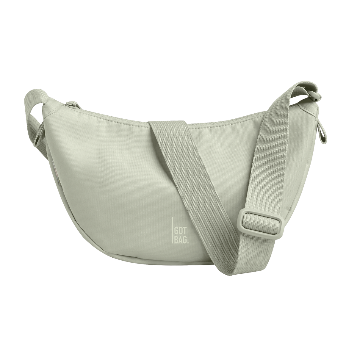 MOON BAG bag in porpoise (Light Gray with a Fresh Green Undertone), studio shot, front view.