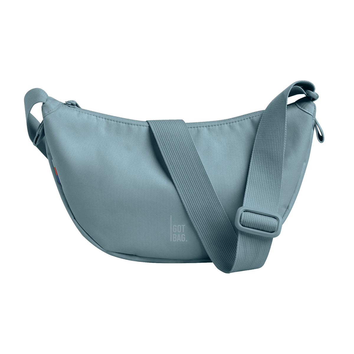 MOON BAG bag in salty blue (Light Blue with a Gray Undertone), studio shot, front view.