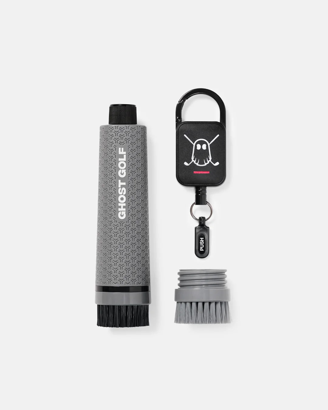Product image of a Grey Magnetic Golf Club and Shoe Brush featuring the main brush, removable brush head, and retractable carabiner. #color_grey