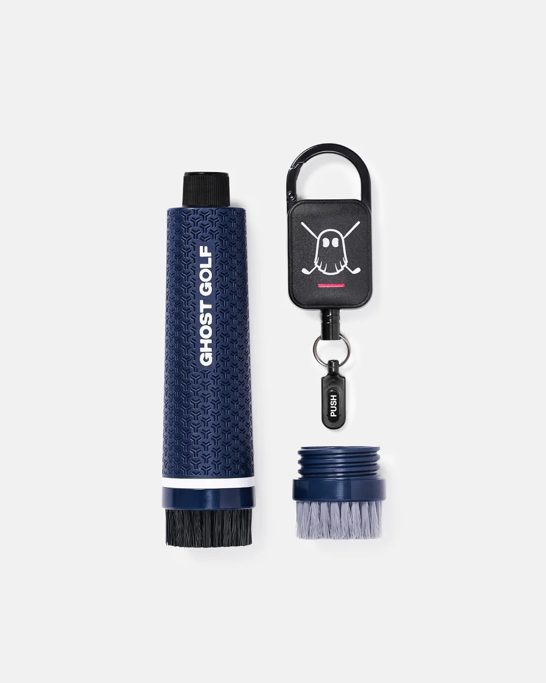 Product image of a Navy Magnetic Golf Club and Shoe Brush featuring the main brush, removable brush head, and retractable carabiner. #color_navy