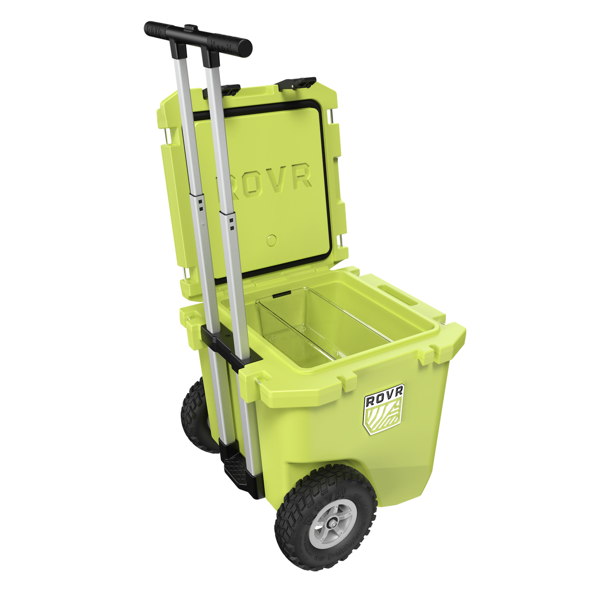 Green cooler with wheels and handle on a white background