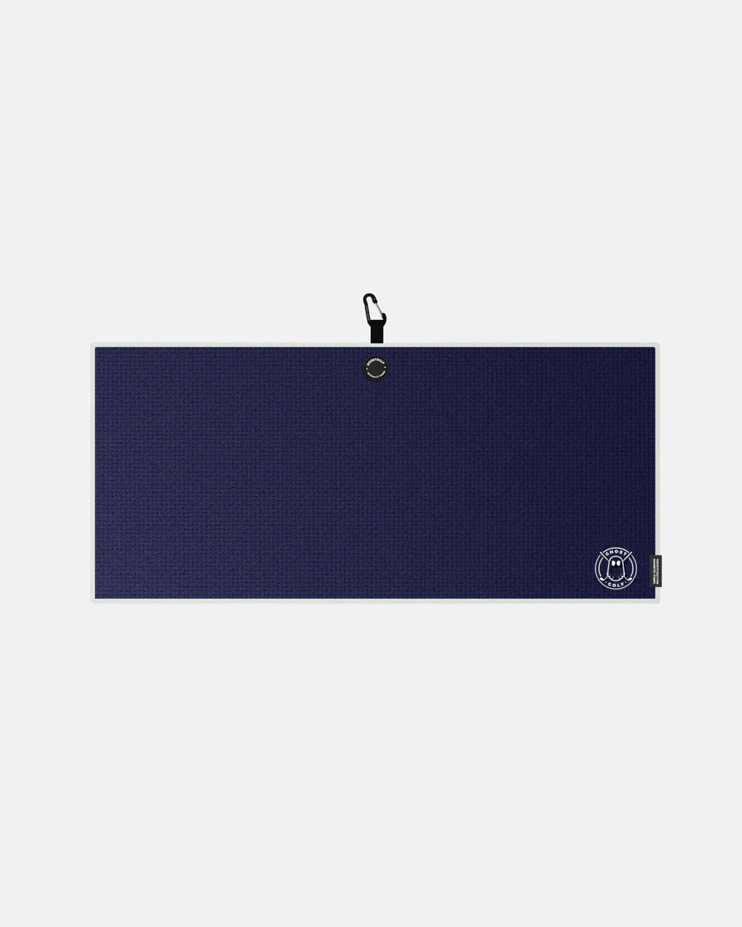 Product shot of NavyGhost Golf Magnetic Caddie Towel with emblem logo on right bottom corner and carabiner clip at the top #color_navy