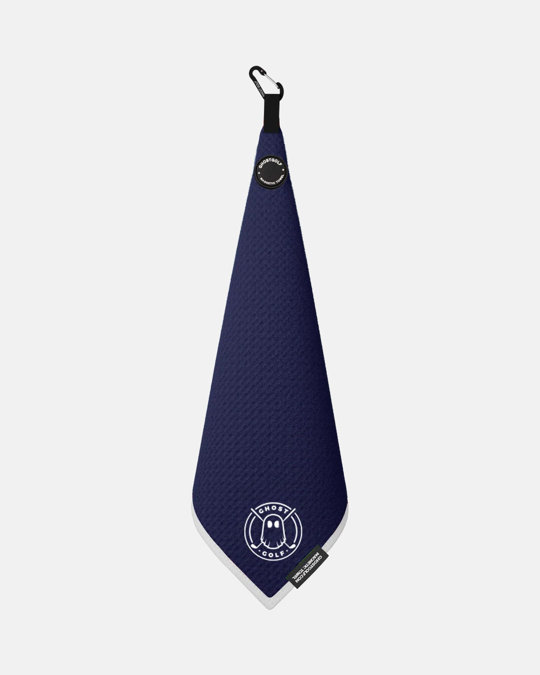 Product shot of Navy Ghost Golf Magnetic Greenside Towel with emblem logo near the bottom and carabiner clip at the top #color_navy