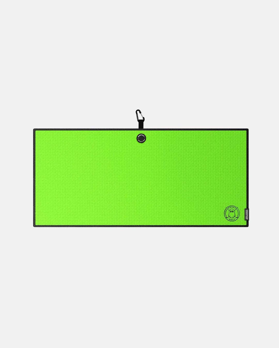 Product shot of Neon Green Ghost Golf Magnetic Caddie Towel with emblem logo on right bottom corner and carabiner clip at the top #color_neon-green