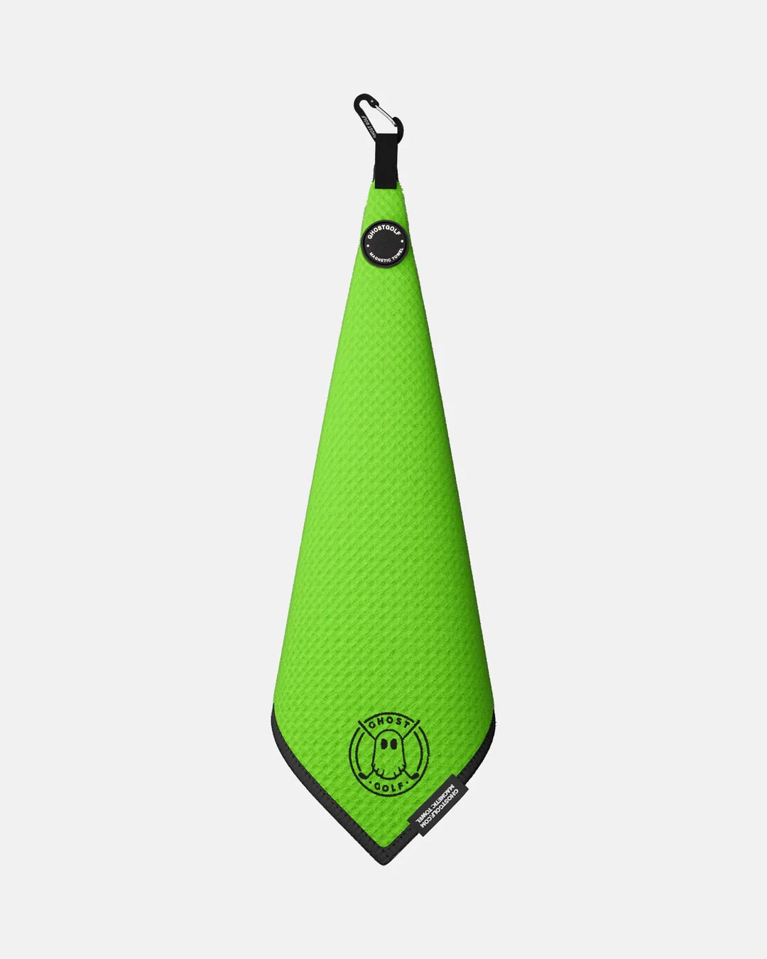 Product shot of Neon Green Ghost Golf Magnetic Greenside Towel with emblem logo near the bottom and carabiner clip at the top #color_neon-green