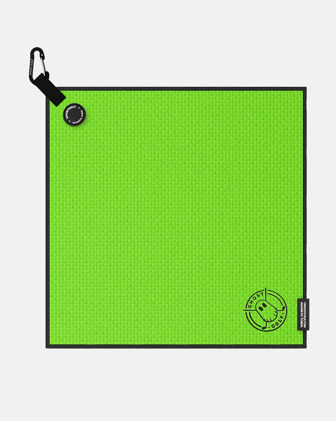 Product shot of Neon Green Ghost Golf Magnetic Greenside Towel with emblem logo near the bottom and carabiner clip at the top #color_neon-green