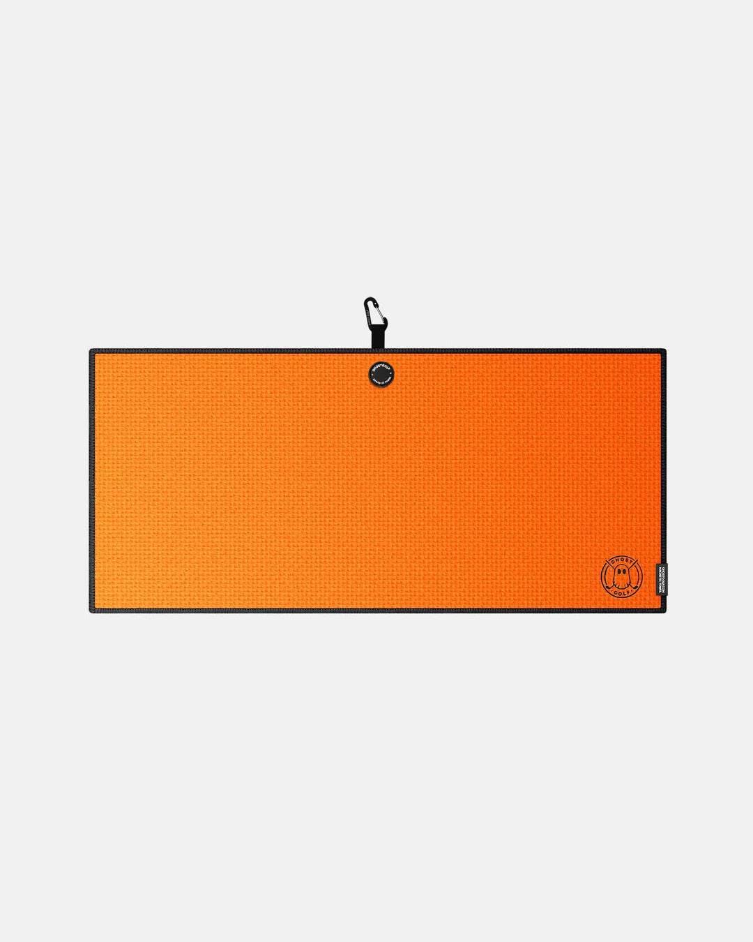Product shot of Orange Ghost Golf Magnetic Caddie Towel with emblem logo on right bottom corner and carabiner clip at the top #color_orange