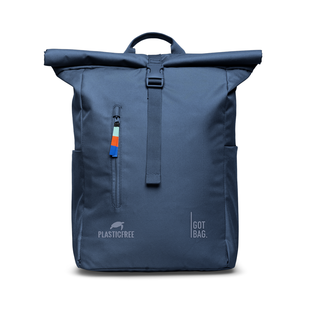 PLASTICFREE ROLLTOP EASY backpack in ocean-blue (Navy Blue), studio shot, front view.