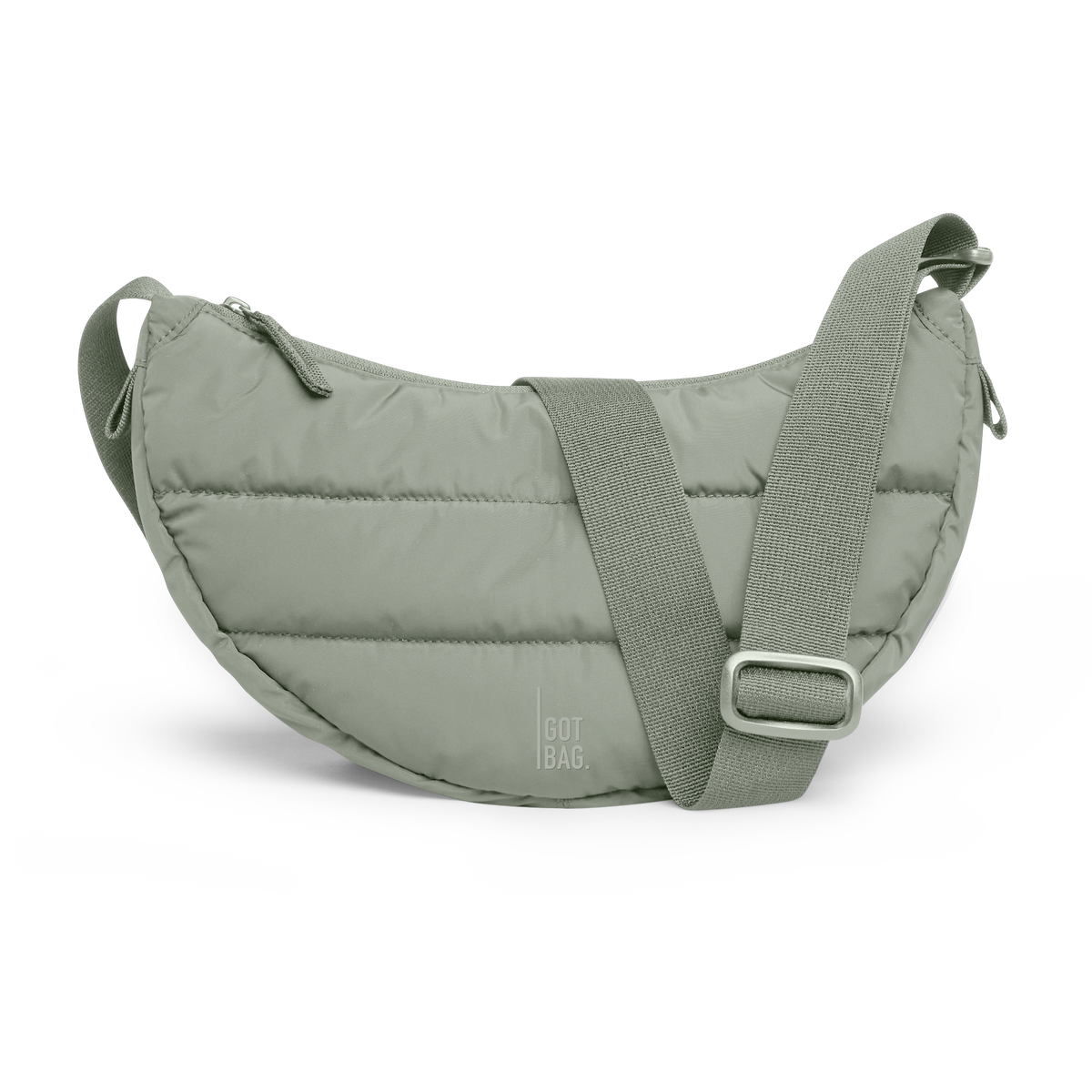 PUFFER MOON BAG SMALL bag in bass (Sage Green), studio shot, front view.
