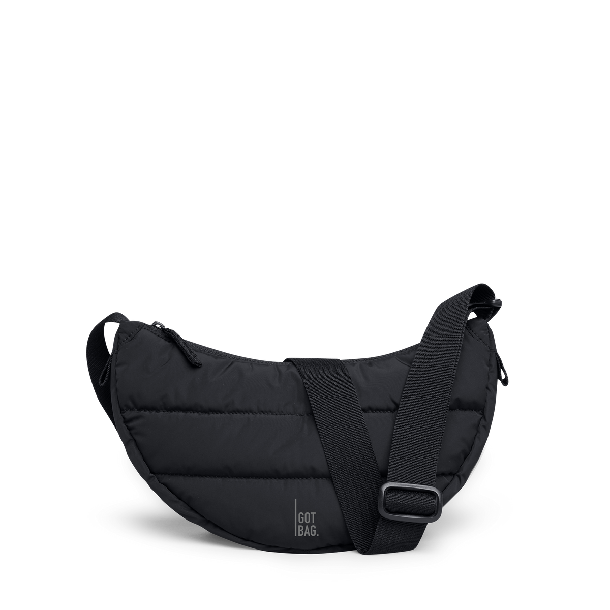 PUFFER MOON BAG SMALL bag in black (Black), studio shot, front view.