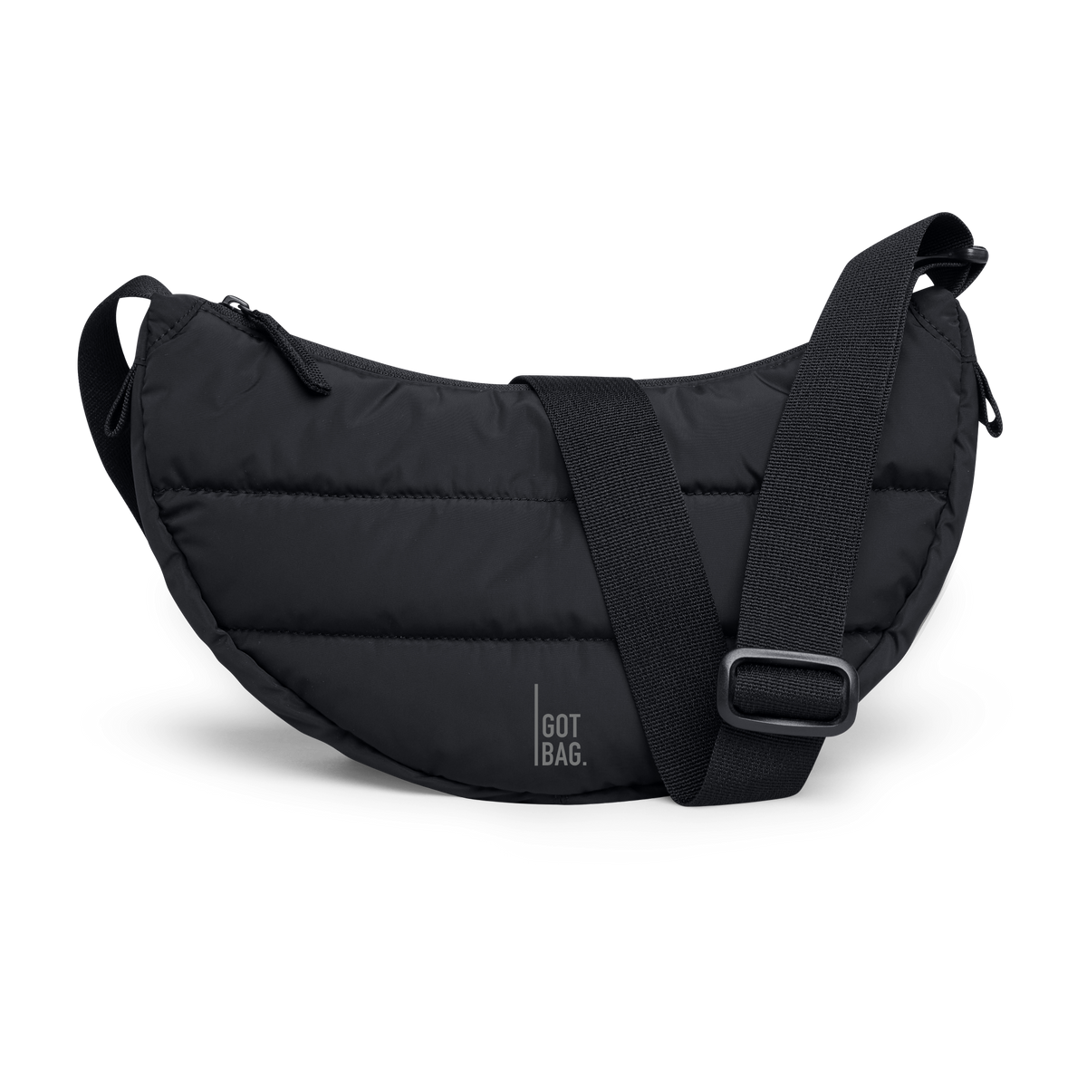 PUFFER MOON BAG SMALL bag in black (Black), studio shot, front view.