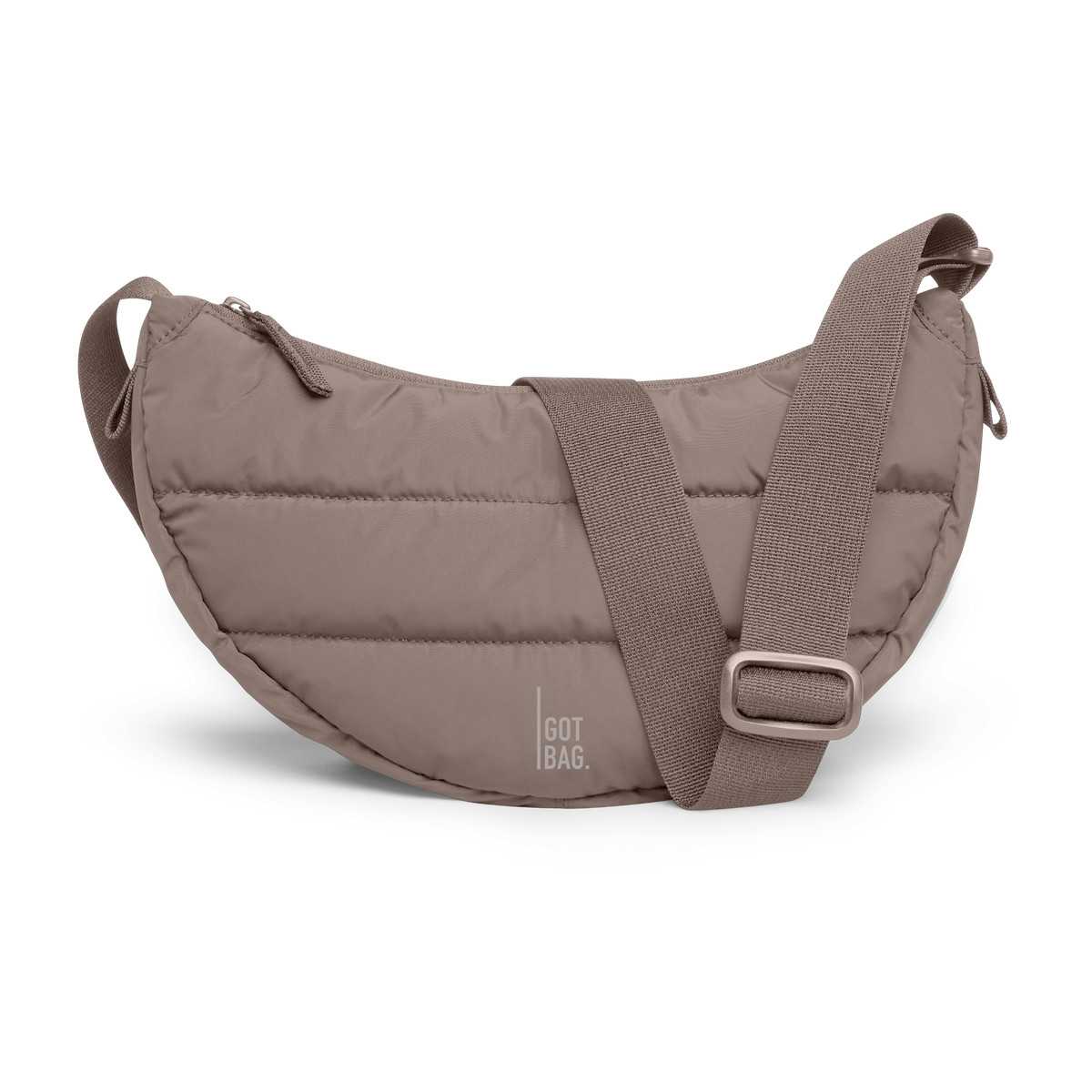 PUFFER MOON BAG SMALL bag in oyster (Classic Taupe Brown), studio shot, front view.