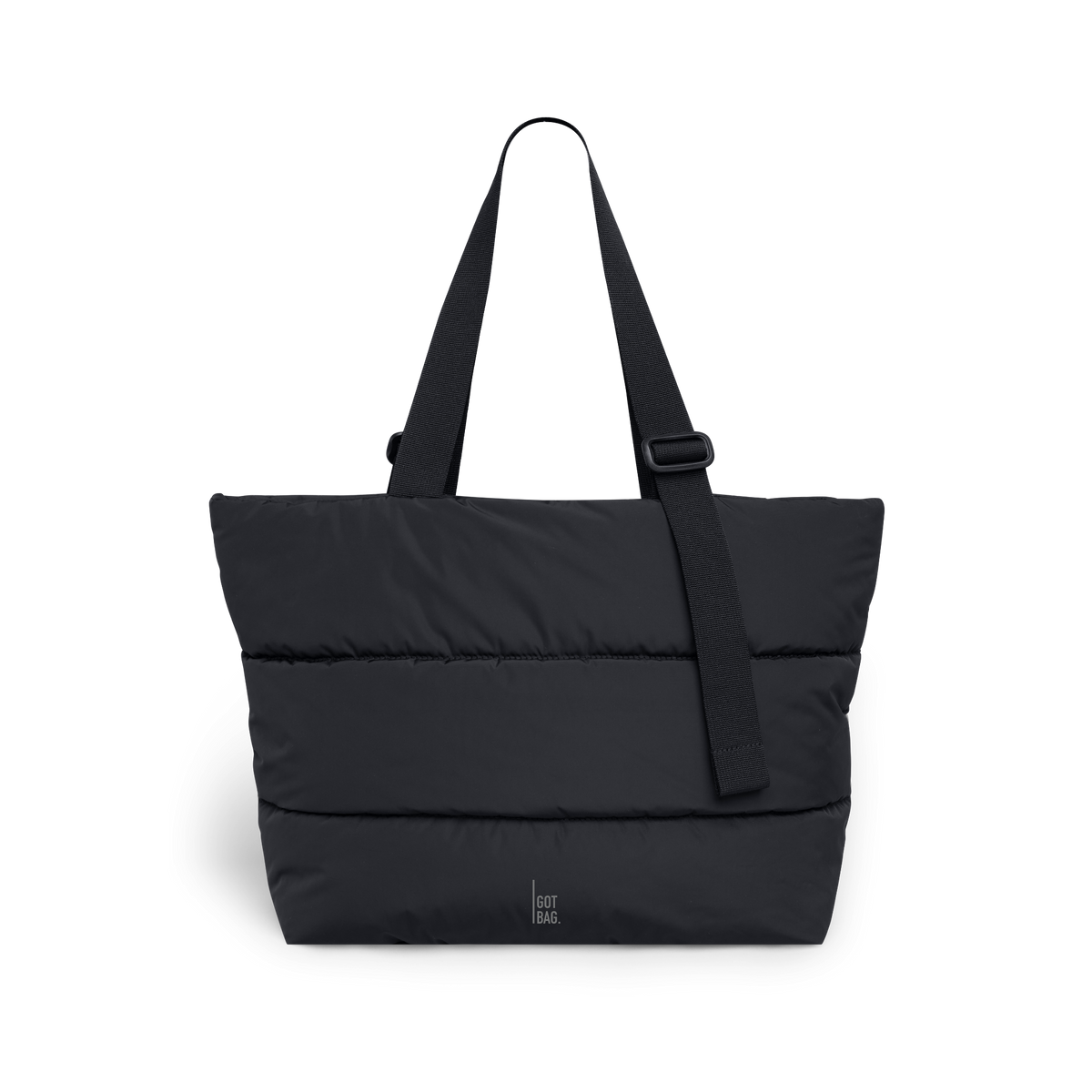 PUFFER TOTE BAG bag in black (Black), studio shot, front view.