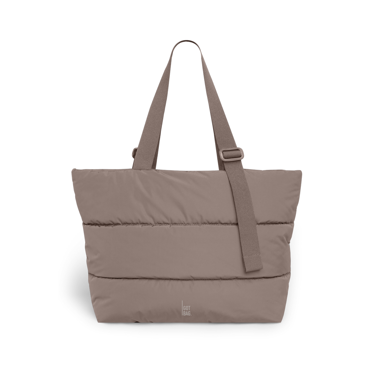 PUFFER TOTE BAG bag in oyster (Classic Taupe Brown), studio shot, front view.